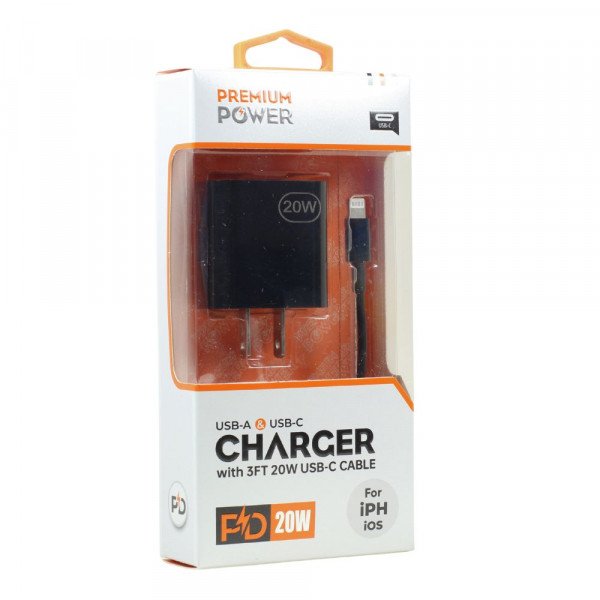 Wholesale 2in1 Wall 20W PD Fast Power Delivery Charger with 3FT USB-C to IP Lighting Cable for iPhone, iDevice (Wall - Black)